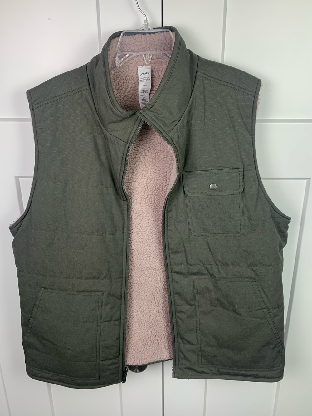 Jockey Men’s LARGE Sherpa Reversible Vest Zip Green Preppy Gorpcore Outdoors